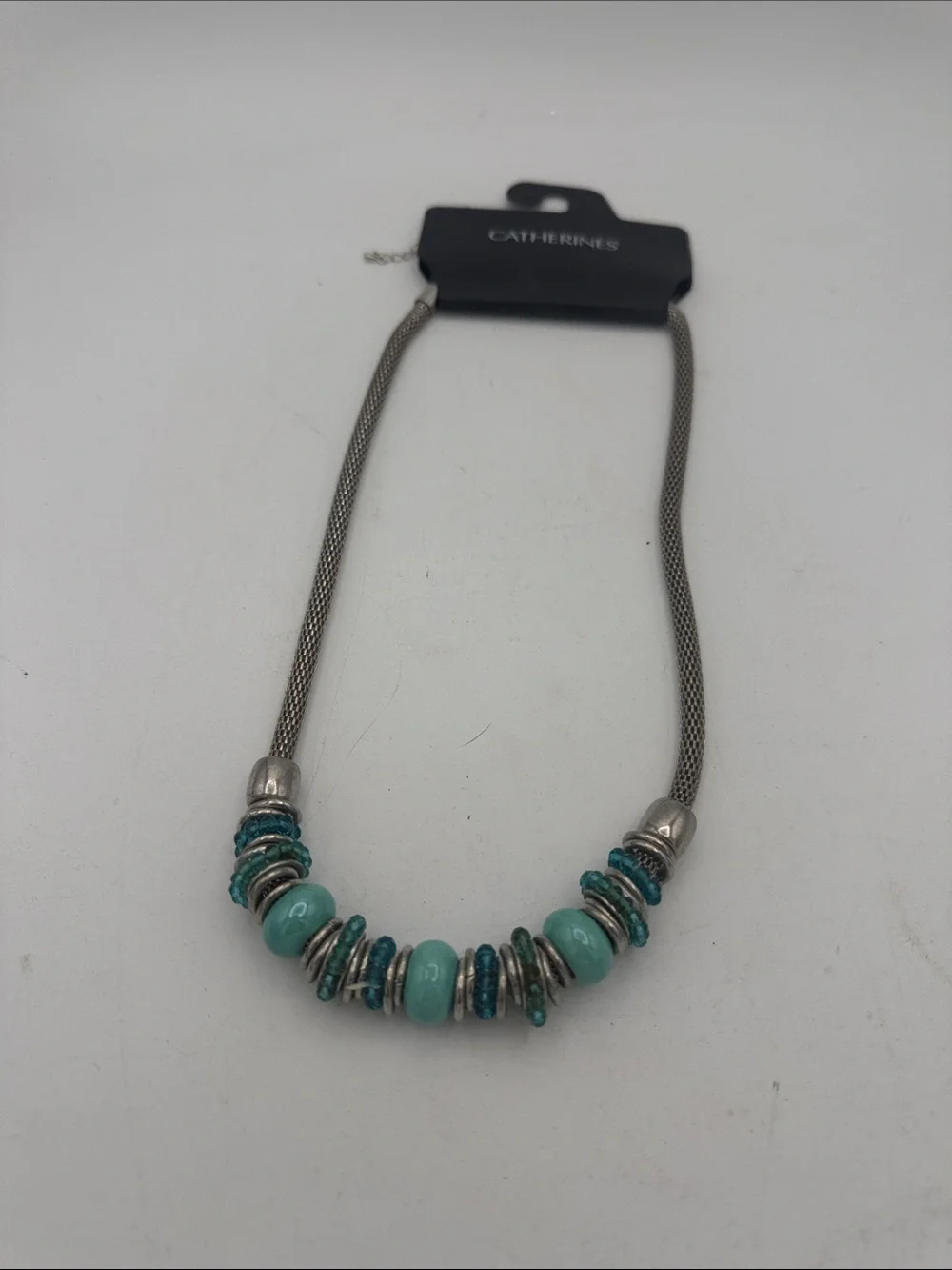 NWT Catherines Silver Tone Mesh Chain Turquoise Beaded Statement Necklace choker